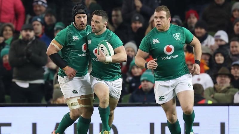 John Cooney scores a try in Ireland’s Six Nations game against England at  the Aviva stadium. Photograph:  Billy Stickland/Inpho