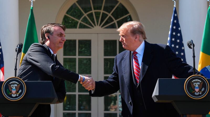 Jair Bolsonaro with Donald Trump in the Rose Garden at the White House in Washington on Mardh 19th. Photograph: Jim Watson/AFP via Getty Images