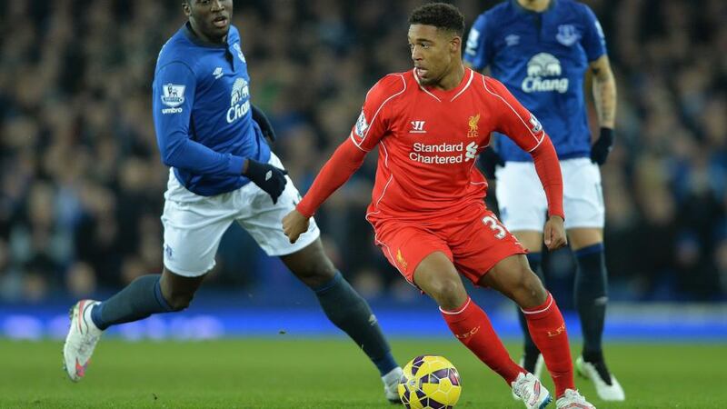 Liverpool’s man-of-the-match Jordon Ibe in possession   at  Goodison Park. Photograph: Peter Powell / EPA