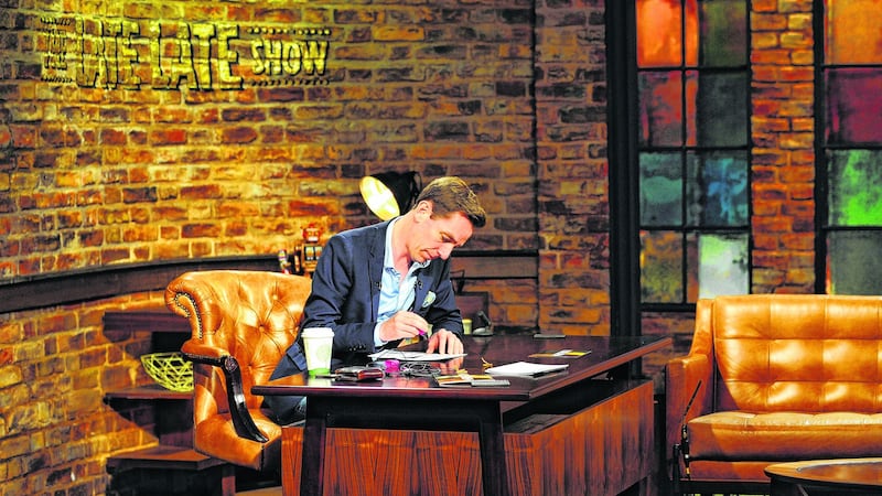 Ryan Tubridy preparing his questions on the Late Late Show set. Photograph: Aidan Crawley