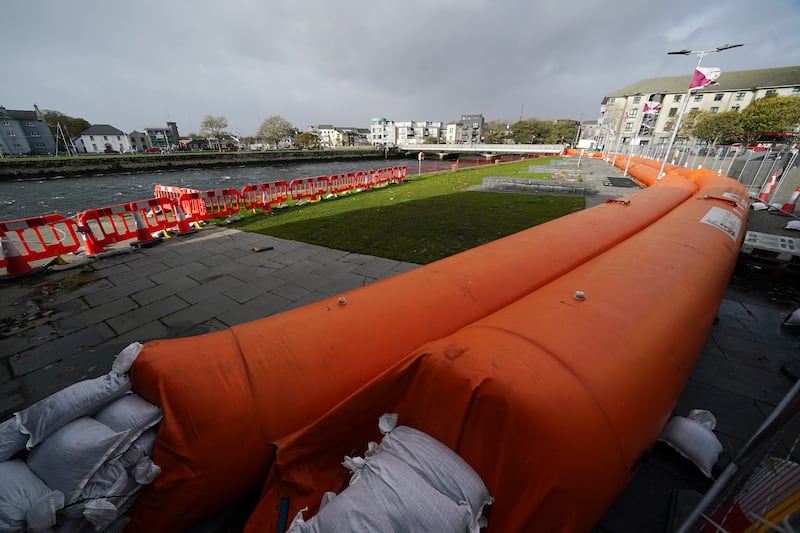 A flood defence barrier in Galway city centre. There was some coastal flooding in Salthill, Galway, after waves overtopped the pier. Photograph: Brian Lawless/PA Wire