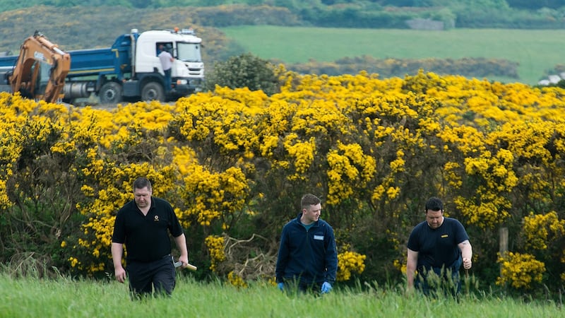 Gardaí search a field near Rathmichael in Co Wicklow this morning in their continuing efforts to locate Jastine Valdez. Photograph: Dave Meehan/The Irish Times