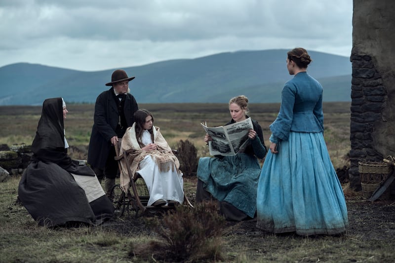 The Wonder: Josie Walker as Sister Michael, Toby Jones as Dr McBrearty, Kíla Lord Cassidy as Anna O’Donnell, Niamh Algar as Kitty O’Donnell and Florence Pugh as Lib Wright. Photograph: Aidan Monaghan/Netflix