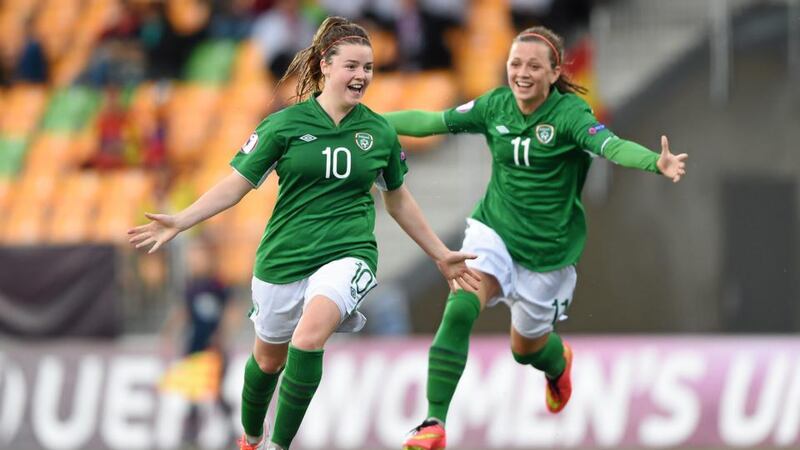 Clare Shine, left, celebrates after scoring with team-mate Katie McCabe at the Uefa Women’s U19 Championship Finals in Norway. Photograph: Stephen McCarthy/Sportsfile