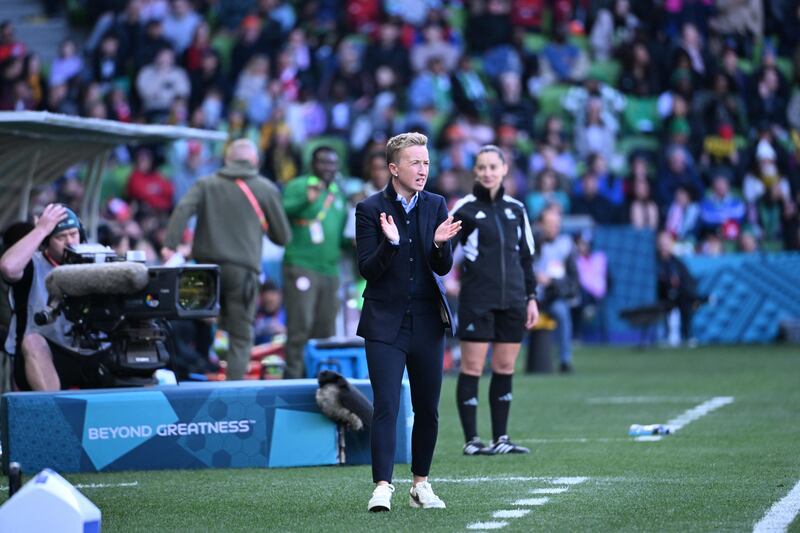 Canada manager Bev Priestman concentrates on the game during her team's tussle with Nigeria. Photograph: William West/AFP via Getty Images