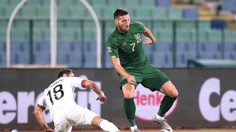 Ireland’s Matt Doherty in action against Galin Ivanov of Bulgaria during the Uefa Nations League game in Sofia. Photograph: Kostadin Andonov/Inpho