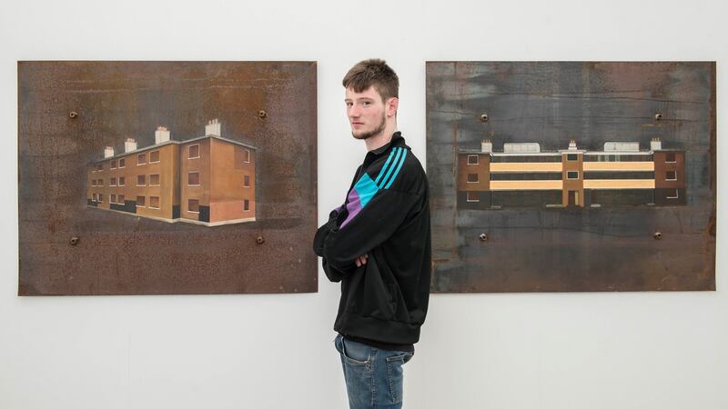 Sean O’Rourke  with his work during the preview of the NCAD Graduate Show. Photograph: Brenda Fitzsimons/The Irish Times