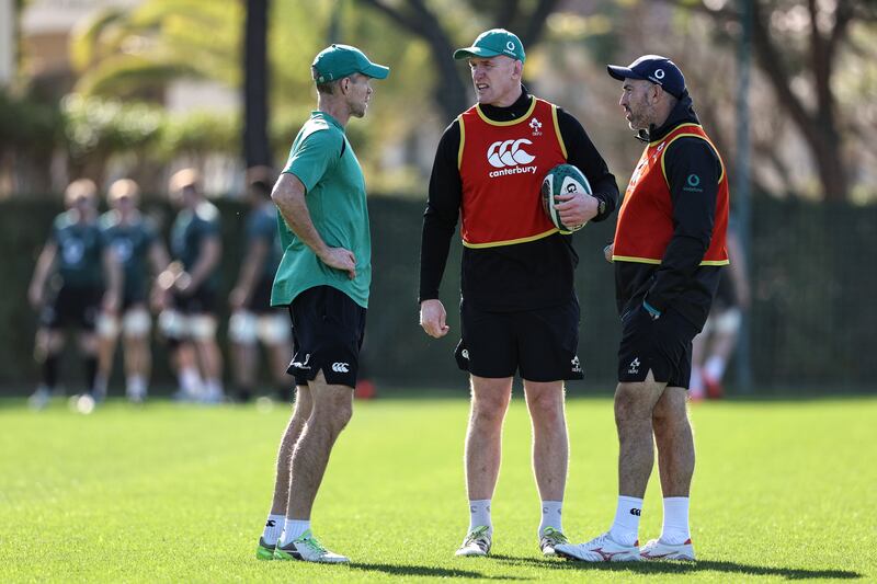 Simon Easterby, Paul O'Connell and Andrew Goodman at Ireland's Six Nations training camp at The Campus, Quinta do Lago, Portugal. Photograph: Ben Brady/Inpho