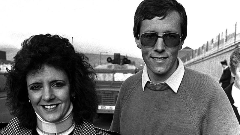 Then  deputy DUP leader  Peter Robinson  with his wife Iris  in 1987, shortly after his release from Crumlin Road jail  where he spent four days for the non payment of his road tax