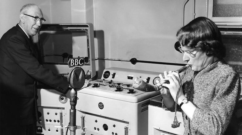 Daphne Oram is blowing a Mijwiz, an Arabic reed pipe, while Richard Bird records the sound on a tape machine. Richard, known as Dickie, was the BBC Radiophonic Workshop’s first engineer. Photograph: BBC