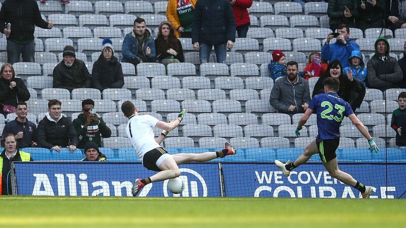 Mayo’s Ciaran Treacy scores a goal against Kerry in the league final at Croke Park. Treacy has made a major impact at midfield since his debut. Photograph: James Crombie/Inpho