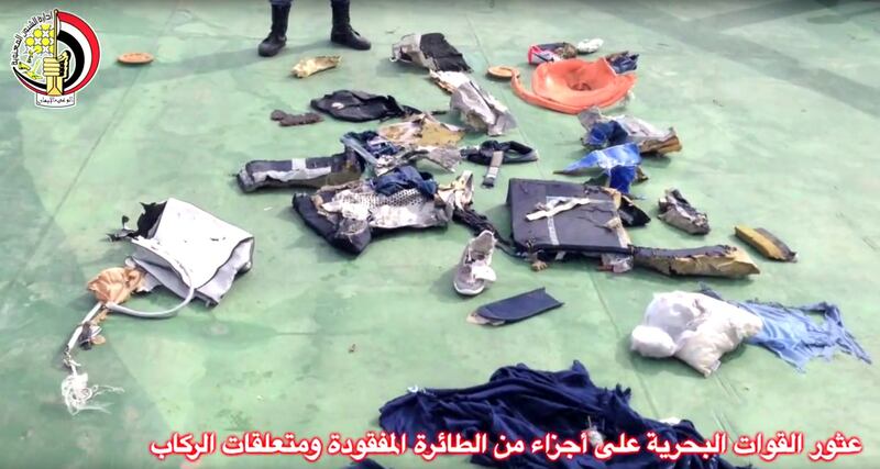 This still image taken from video posted Saturday on the official Facebook page of the Egyptian Armed Forces spokesman shows personal belongings and other wreckage of EgyptAir flight 804. Photograph: Egyptian Armed Forces via AP