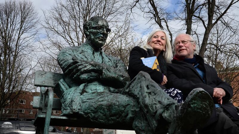 Paula Meehan between Patrick Kavanagh and Brendan Kennelly  at the launch of Dublin’s One City One Book initiative in March 2014. Meehan is in converation with John Kelly Thursday night on RTÉ One. Photograph: Dara Mac Dónaill