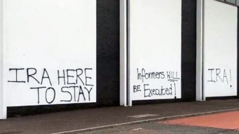 Pro-IRA grafitti which appeared in May just metres away from where the journalist Lyra McKee was killed in Creggan. Photograph: Aoife Moore/PA Wire