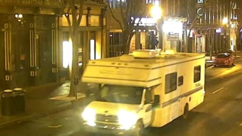 In this photo from the Twitter page of the Metro Nashville Police Department, a motor home, that later exploded in Nashville, Tennessee, is seen driving down a street. Photograph: Metro Nashville Police Department/AFP via Getty Images