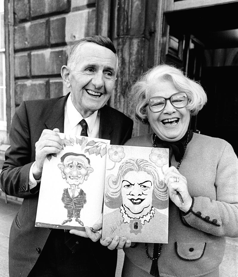 Charlie's father Oliver J Flanagan with fellow Fine Gael backbencher Alice Glenn in 1986, showing cartoons of themselves that Martyn Turner drew on ceramic tiles for an exhibition. Photograph: Peter Thursfield