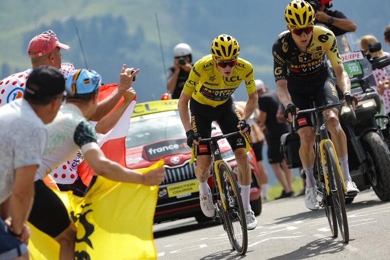 Vingegaard wearing the overall leader's yellow jersey on Thursday. Photograph: Thomas Samson/AFP via Getty Images