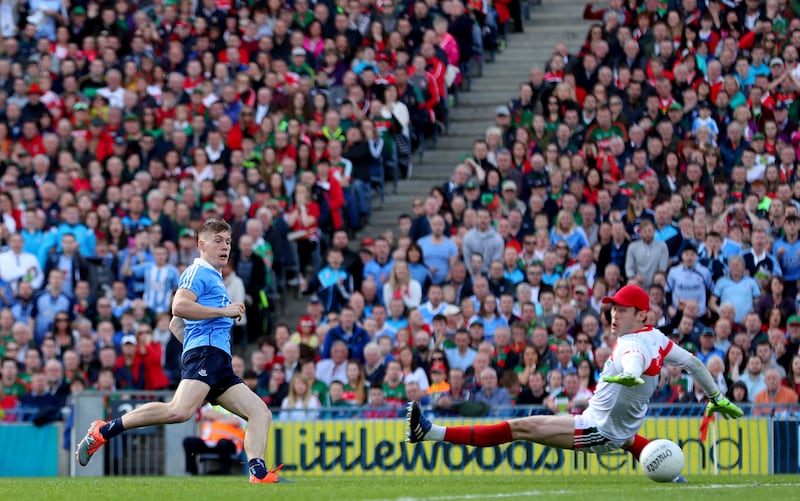 Dublin's Con O'Callaghan scores his side's first goal against Mayo in the 2017 All-Ireland final. Photograph: James Crombie/Inpho