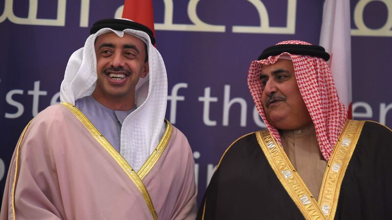 Sheikh Mohammed bin Zayed al-Nahyan (left), the hawkish crown prince of the United Arab Emirates, pictured in Riyadh on Monday with Bahraini foreign minister Khalid bin Ahmed al-Khalifa, has formed a close alliance with Saudi crown prince Mohammed bin Salman. Photograph: Fayez Nureldine/AFP/Getty Images