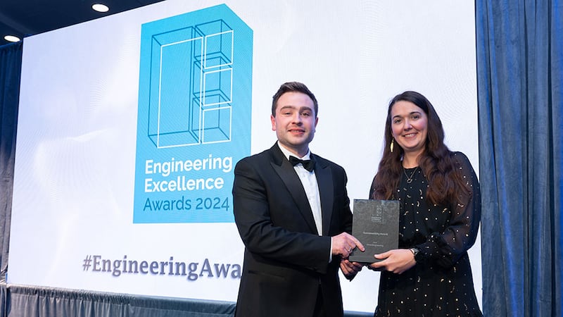 Ben Molloy, entries lead at BusinessRiver, presents the sustainability award to Müge Karasahin, Ethos Engineering