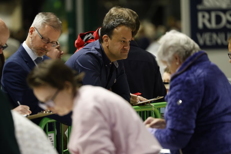 Green Party TD and Minister, Roderic O'Gorman, and former taoiseach Leo Varadkar at the count in the RDS. Photograph: Nick Bradshaw