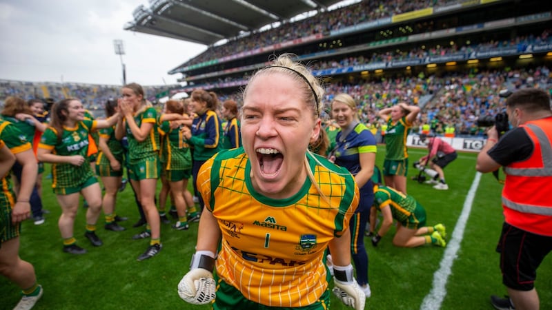 Meath’s Monica McGuirk celebrates at the end of the game. Photograph: Tom Honan