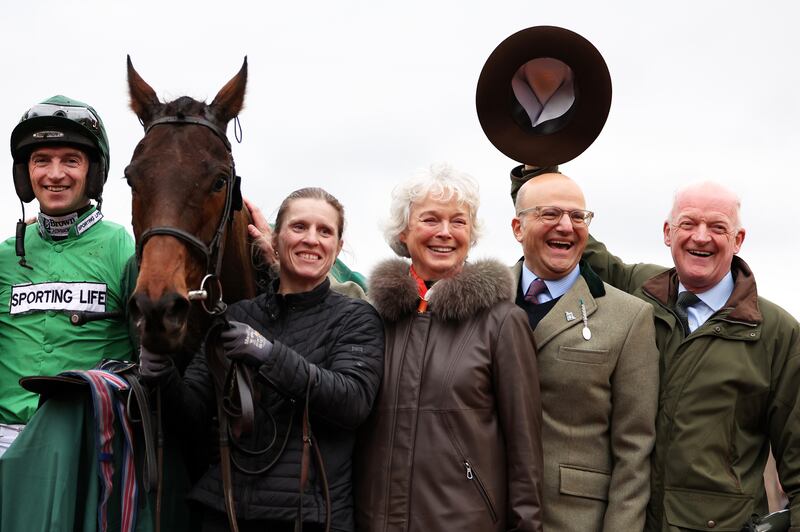 Trainer Willie Mullins alongside connections of victorious Jasmin De Vaux ridden by Patrick Mullins when they took the Champion Bumper for their 100th Cheltenham festival winner in 2024. Photograph: Michael Steele/Getty Images