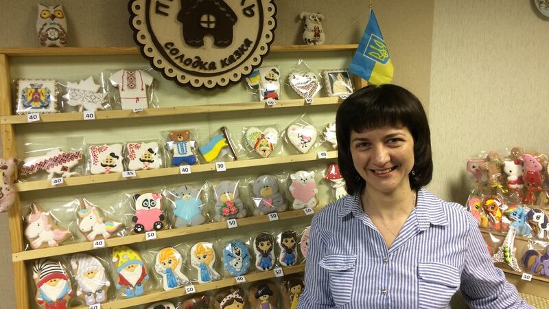 Natalya Rak returned to her hometown of Druzhkivka from nearby Donetsk when war erupted in eastern Ukraine in 2014, and established a cafe and gingerbread bakery. Photograph: Daniel McLaughlin