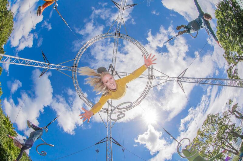 Jennifer de Brún, one of the Aerial dancers of Fidget Feet's, Handful of Dreams performking at the 2021 Carlow Arts Festival 2021. Photograph: Allen Kiely