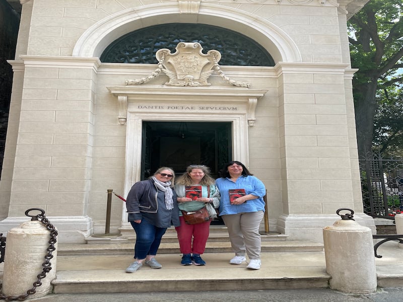 Poets Maria McManus, Nessa O'Mahony and Siobhán Campbell at Dante's tomb in Ravenna, May 2022.