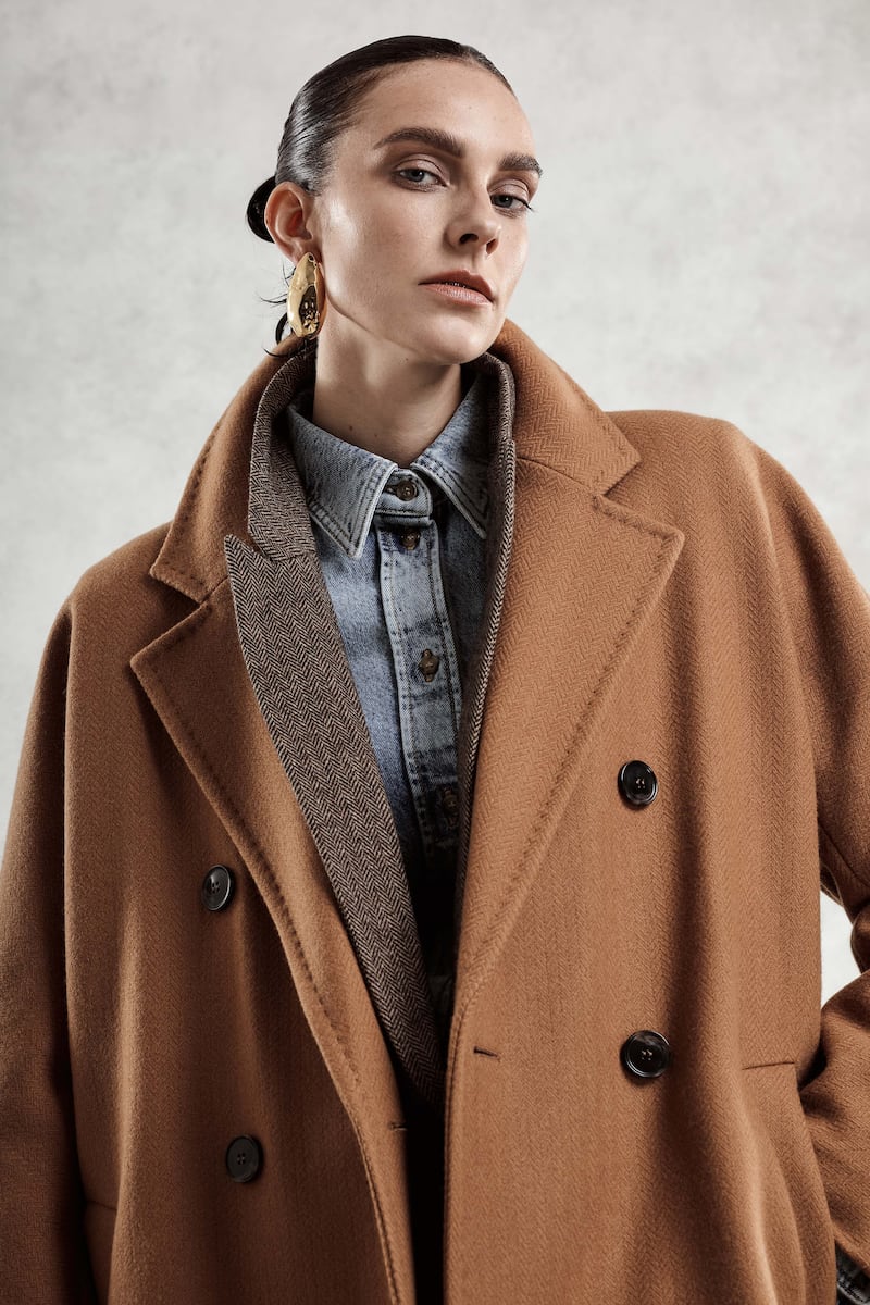 Tate: Camel herringbone coat worn over oatmeal and chocolate herringbone tweed blazer, €1090 and €690