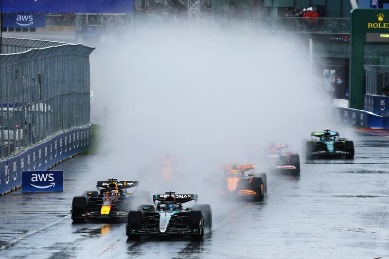 Mercedes driver George Russell leads ) Oracle Red Bull Racing's Max Verstappen and the rest of the field at the start of the F1 Grand Prix of Canada at Circuit Gilles Villeneuve in Montreal, Quebec. Photograph: by Mark Thompson/Getty Images