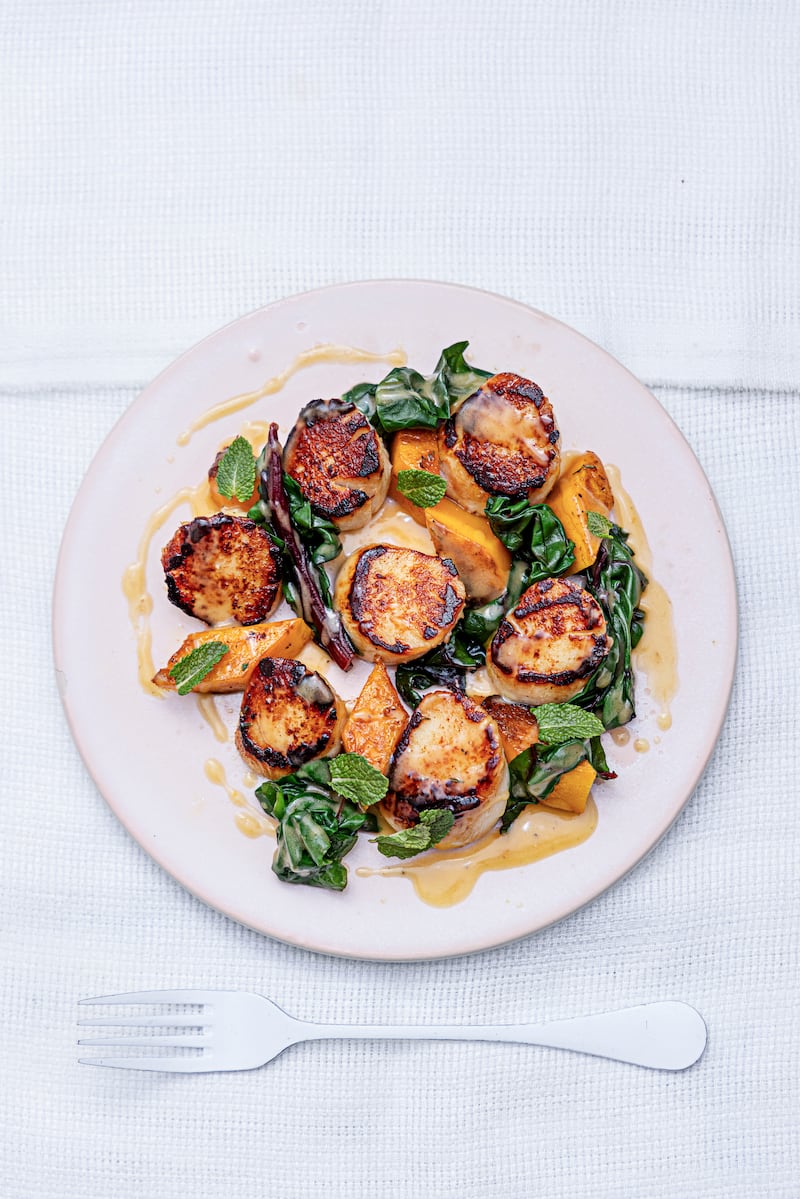 Roasted scallops with squash, citrus and ginger. Photograph: Harry Weir Photography