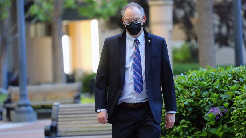 Tim Sweeney, chief executive of Epic Games, arrives at the courthouse in Oakland, California.