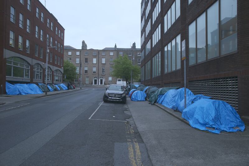 Tents line the street next to the International Protection Office. Photograph: Stephen Collins/Collins Photo