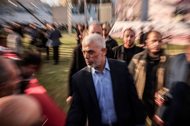 Yahya Sinwar greets supporters in Gaza City in April, 2023. Photograph: Mohammed Abed/AFP via Getty Images