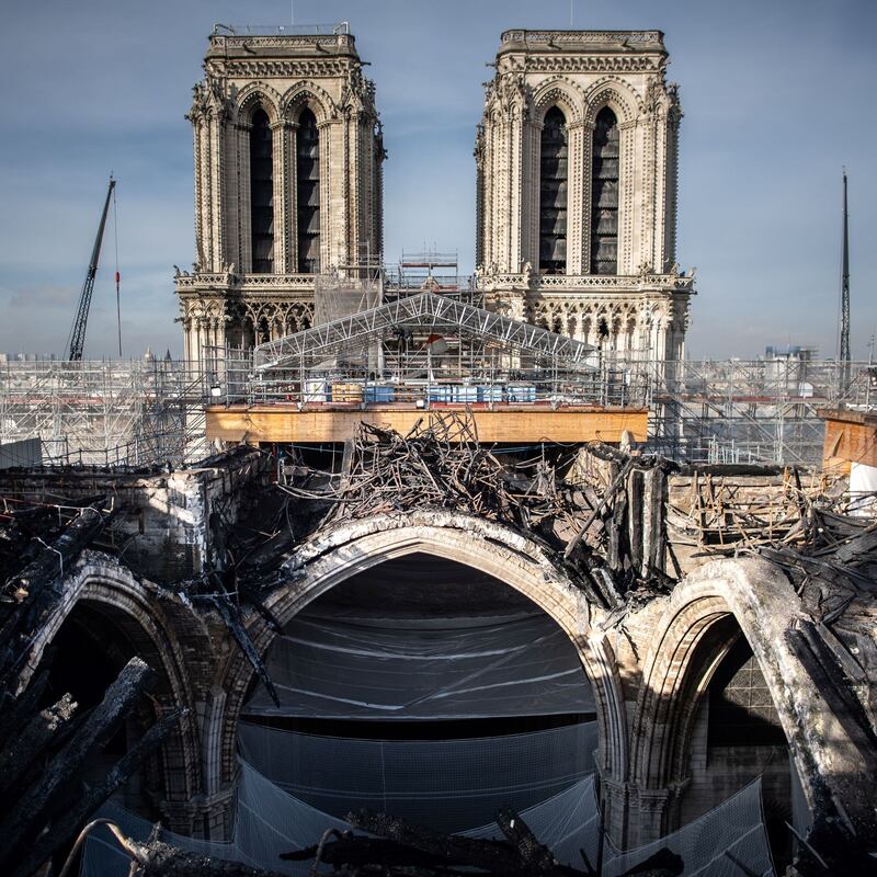 Melted scaffolding on the roof of Notre-Dame during reconstruction works last month. Photograph: Martin Bureau/AFP via Getty