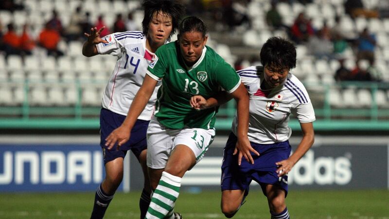 Republic of Ireland’s Rianna Jarrett takes on Japan’s   Haruka Hamada and Hikari Takagi in the Women’s Under-17 World Cup in 2010. Photograph: James Crombie/Inpho