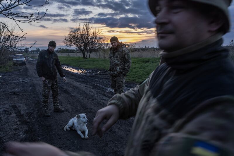 Soldiers from Ukraine’s 110th Territorial Defense Brigade at dusk in a frontline village in southern Ukraine’s Zaporizhzhia region on April 24th. Photograph: David Guttenfelder/New York Times
                      