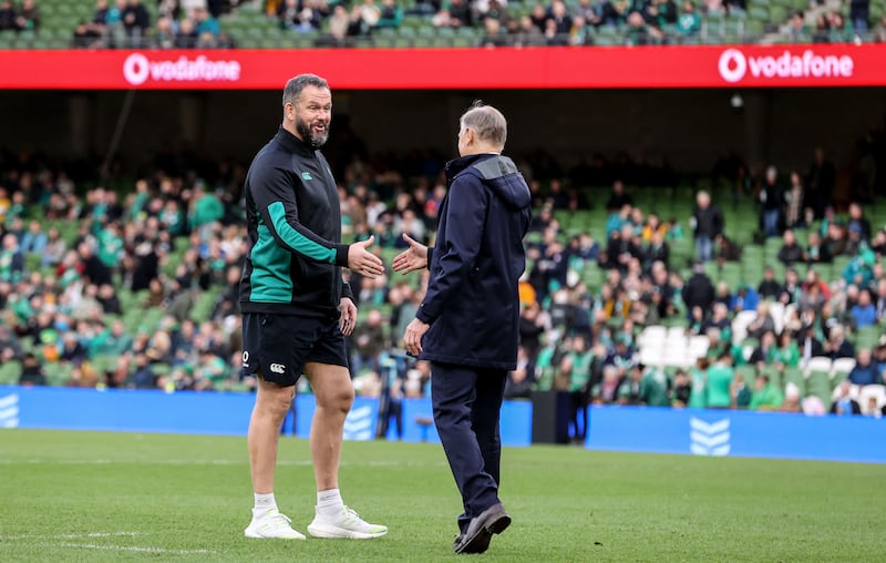 Ireland's head coach Andy Farrell and Australia's head coach Joe Schmidt. Photograph: Dan Sheridan/Inpho