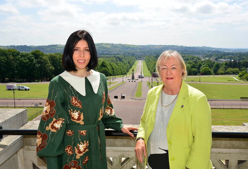 Olha Pikula, a deputy on Mariupol City Council, with Monica McWilliams during the Ukrainian group's visit to Stormont.
Photograph: Arthur Allison/Pacemaker Press