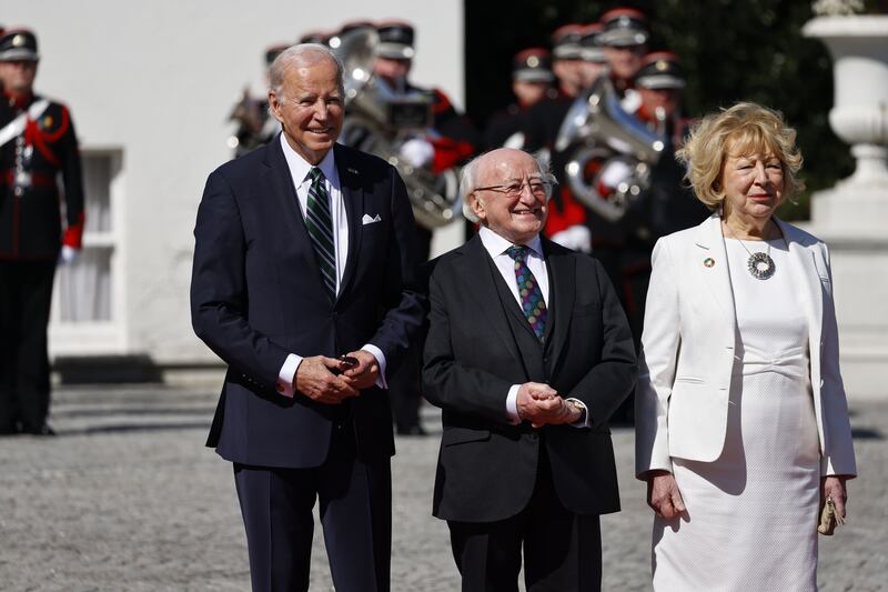 Michael D Higgins and his wife Sabina welcome Joe Biden to Áras an Uachtaráin on Thursday. Photograph: Tolga Akmen/EPA-EFE