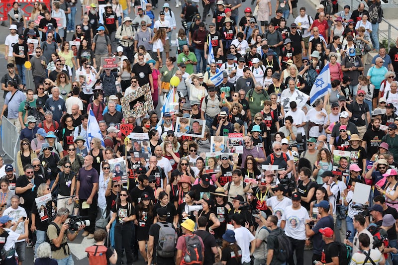 Families of Israeli hostages held by Hamas in Gaza take part in a rally in Tel Aviv. Photograph: Abir Sultan/EPA