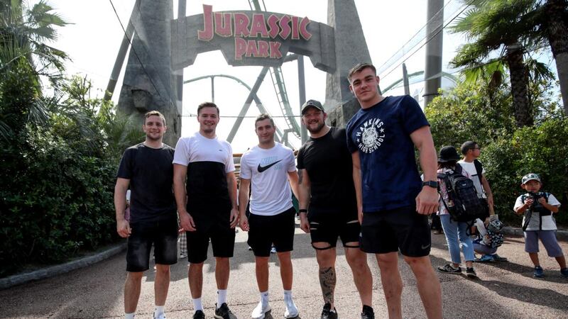 Jack Carty, Jacob Stockdale, Jordan Larmour, Andrew Porter and Garry Ringrose outside the Jurassic Park attraction at  Universal Studios in  Osaka on a  day off on Monday. Photograph:   Dan Sheridan/Inpho