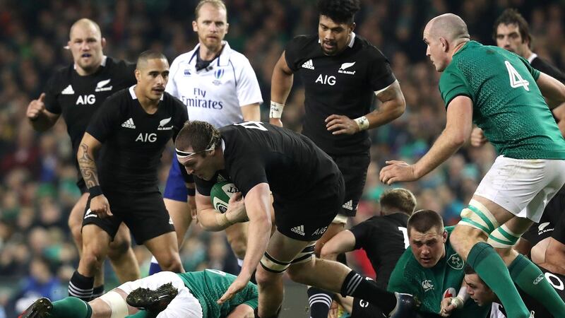 New Zealand’s Brodie Retallick with Devin Toner of Ireland during the autumn international at the Aviva stadium. Photograph: Billy Stickland/Inpho