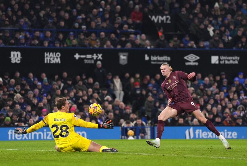 Erling Haaland scores Manchester City's fifth goal against Ipswich. Photograph: Bradley Collyer/PA