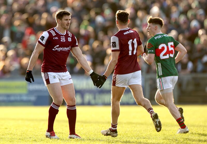 Galway’s Shane Walsh celebrates a twp=point score with Finnian Ó Laoi. Photograph: James Crombie/Inpho