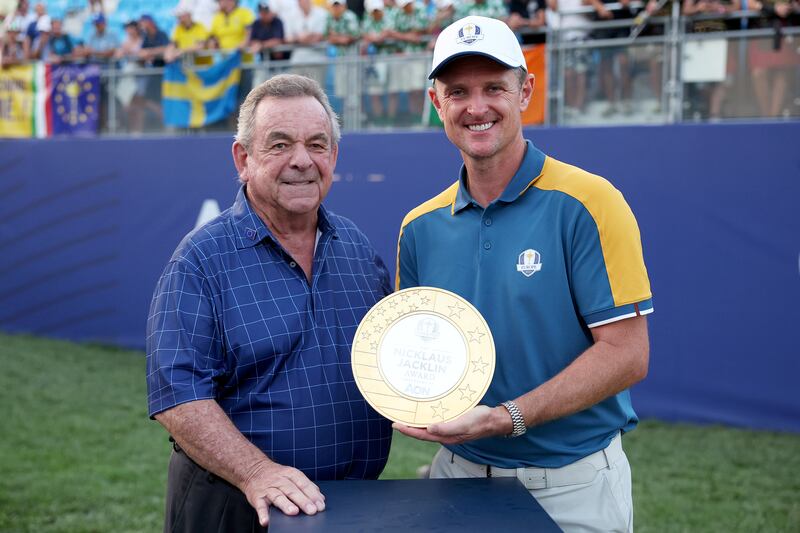 Justin Rose of Team Europe is awarded The Nicklaus-Jacklin Award award. Photograph: Patrick Smith/Getty