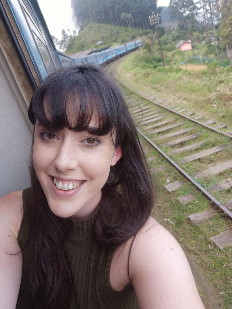 Katie Ryan on the train to Ella in Sri Lanka.