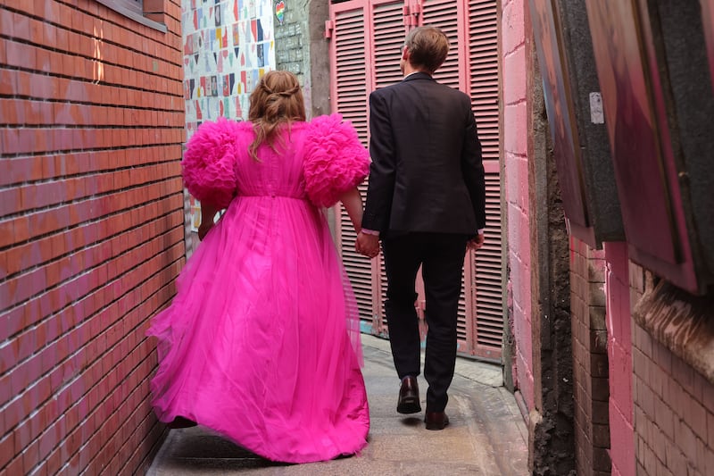 Róisín Ingle and Jonny Hobson on their wedding day in July 2024. Photograph: Alan Betson